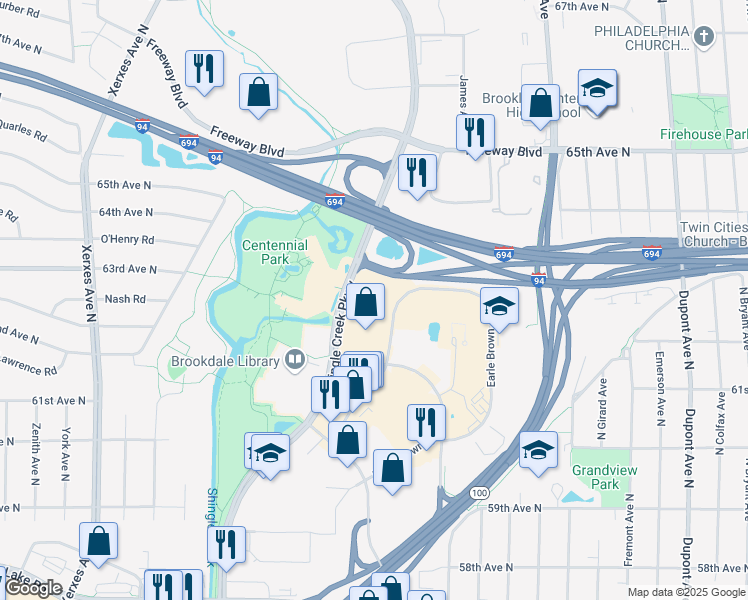 map of restaurants, bars, coffee shops, grocery stores, and more near 6300 Shingle Creek Parkway in Brooklyn Center