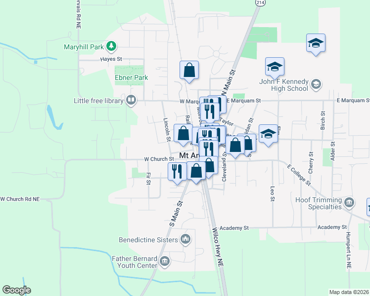 map of restaurants, bars, coffee shops, grocery stores, and more near 310 Railroad Avenue in Mount Angel
