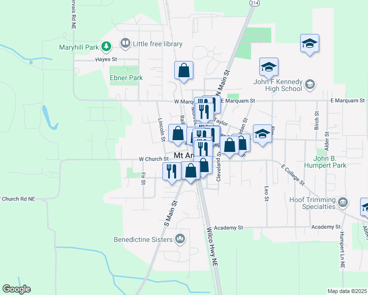 map of restaurants, bars, coffee shops, grocery stores, and more near 310 Railroad Avenue in Mount Angel