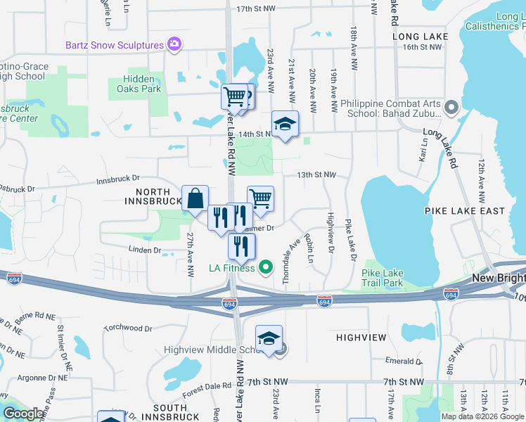 map of restaurants, bars, coffee shops, grocery stores, and more near 1262 Robin Lane in New Brighton