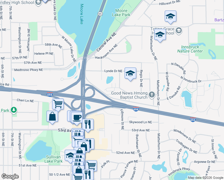 map of restaurants, bars, coffee shops, grocery stores, and more near 5546 East Fillmore Circle Northeast in Fridley
