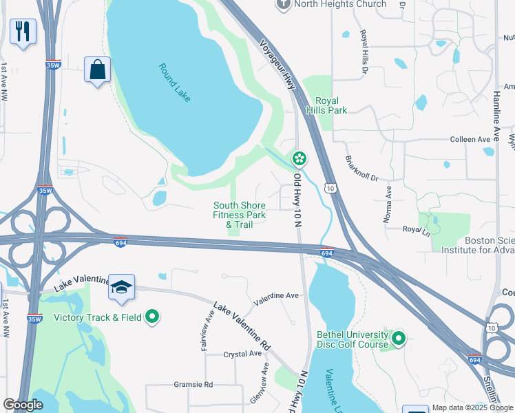 map of restaurants, bars, coffee shops, grocery stores, and more near 1717 Parkshore Drive in Arden Hills
