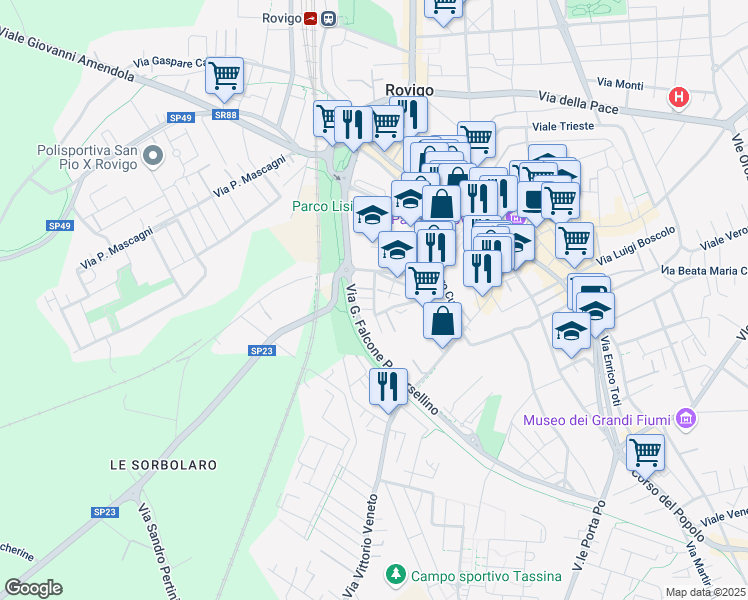 map of restaurants, bars, coffee shops, grocery stores, and more near 33 Via Goffredo Mameli in Rovigo