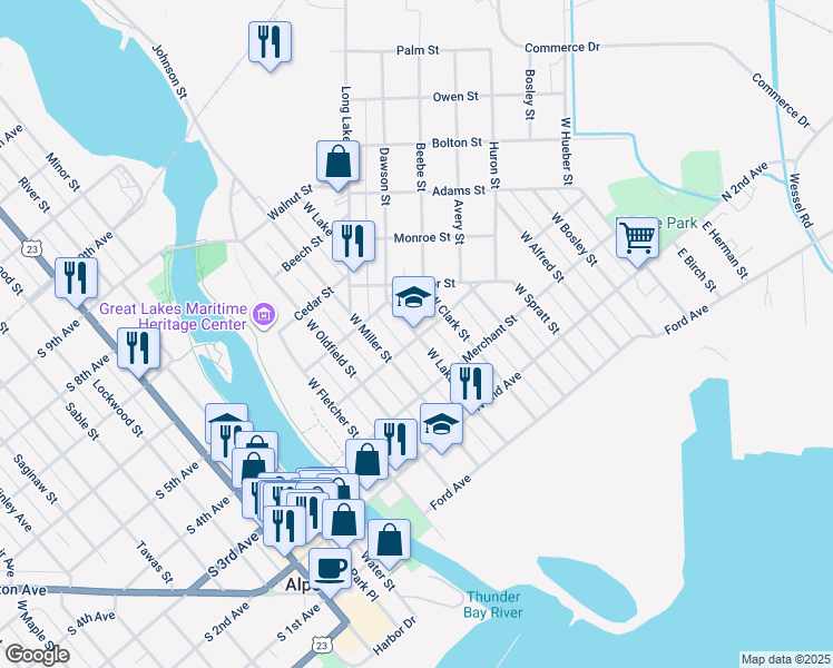 map of restaurants, bars, coffee shops, grocery stores, and more near 309 West Lake Street in Alpena