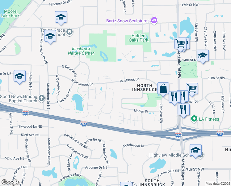 map of restaurants, bars, coffee shops, grocery stores, and more near 5567 East Bavarian Pass in Fridley