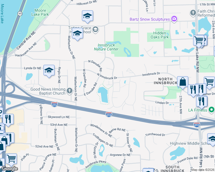 map of restaurants, bars, coffee shops, grocery stores, and more near 5566 Waldeck Crossing in Fridley