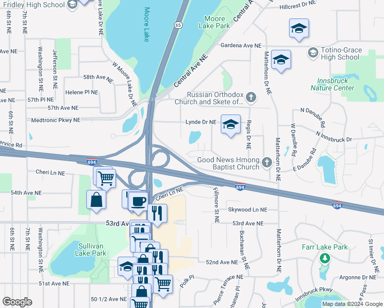 map of restaurants, bars, coffee shops, grocery stores, and more near 1039 East Fillmore Circle Northeast in Fridley