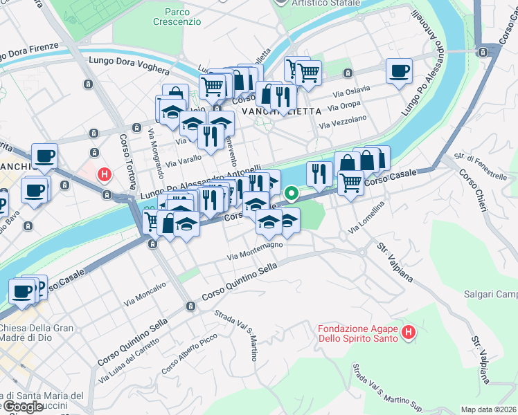 map of restaurants, bars, coffee shops, grocery stores, and more near Viale Suor G. F Michelotti in Turin