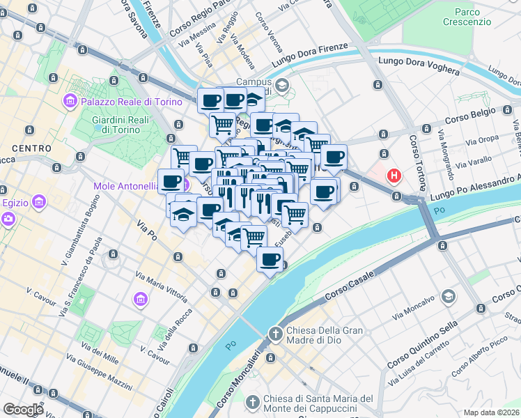 map of restaurants, bars, coffee shops, grocery stores, and more near 21 Via degli Artisti in Turin