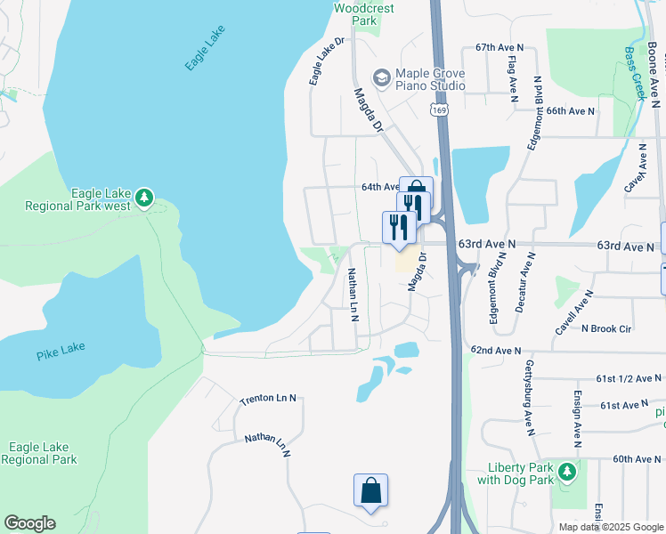 map of restaurants, bars, coffee shops, grocery stores, and more near 6259 Eagle Lake Drive in Maple Grove