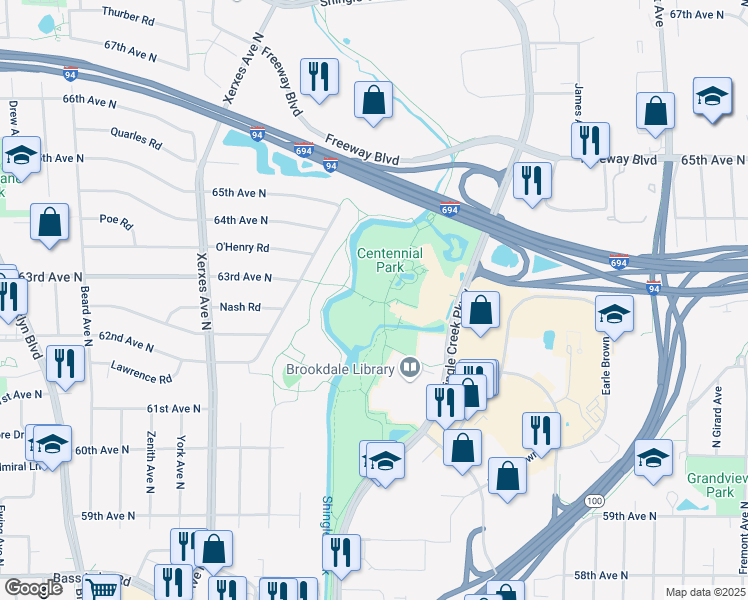 map of restaurants, bars, coffee shops, grocery stores, and more near Shingle Creek Regional Trail in Brooklyn Center