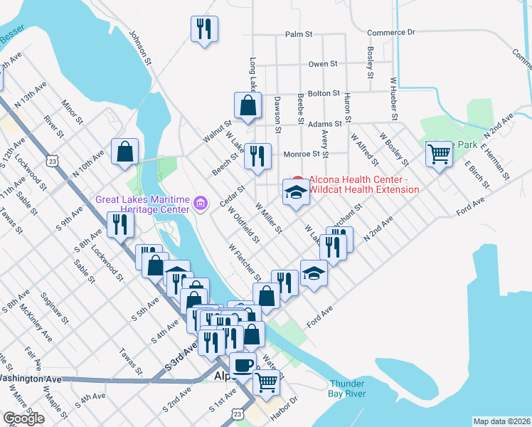 map of restaurants, bars, coffee shops, grocery stores, and more near 600 Pine Street in Alpena