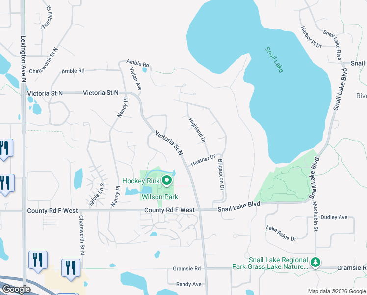 map of restaurants, bars, coffee shops, grocery stores, and more near 4208 Victoria Court in Shoreview