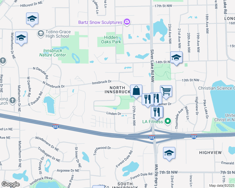 map of restaurants, bars, coffee shops, grocery stores, and more near 2882 12th Street Northwest in New Brighton