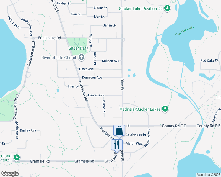 map of restaurants, bars, coffee shops, grocery stores, and more near 180 Wendy Court in Shoreview