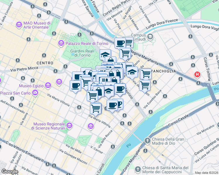 map of restaurants, bars, coffee shops, grocery stores, and more near 2 Via Alessandro Riberi in Torino