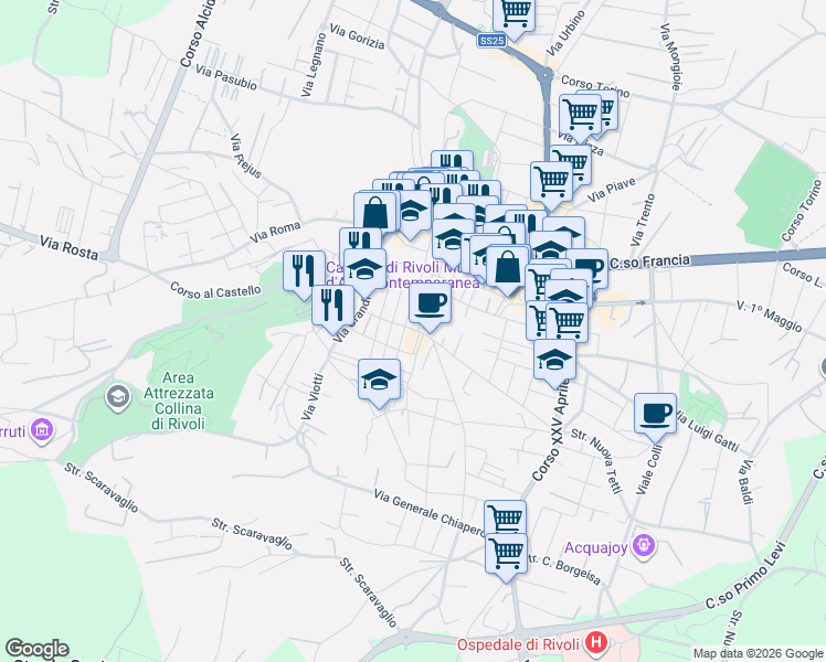 map of restaurants, bars, coffee shops, grocery stores, and more near 8C Piazza San Rocco in Rivoli