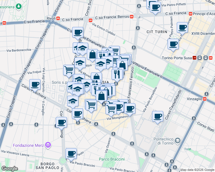map of restaurants, bars, coffee shops, grocery stores, and more near 25 Via Lombriasco in Turin