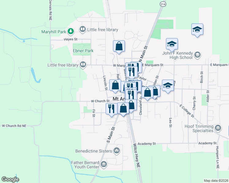 map of restaurants, bars, coffee shops, grocery stores, and more near 310 Railroad Avenue in Mount Angel