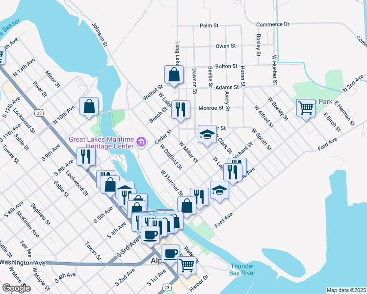 map of restaurants, bars, coffee shops, grocery stores, and more near 400 West Miller Street in Alpena