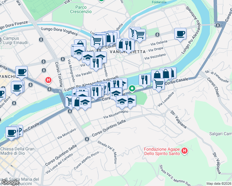 map of restaurants, bars, coffee shops, grocery stores, and more near 64 Viale Suor Giovanna Francesca Michelotti in Torino