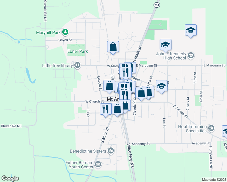 map of restaurants, bars, coffee shops, grocery stores, and more near 200 Railroad Avenue in Mount Angel