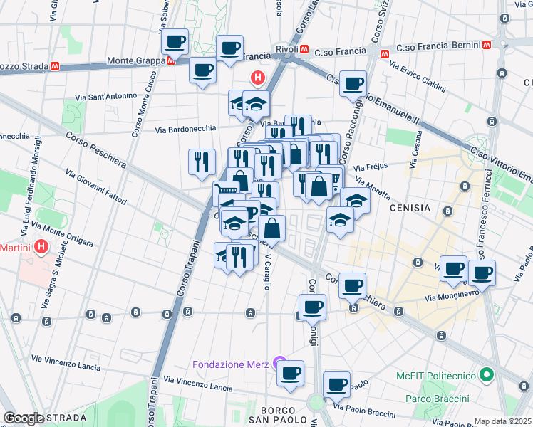 map of restaurants, bars, coffee shops, grocery stores, and more near 60 Via Luigi Capriolo in Torino