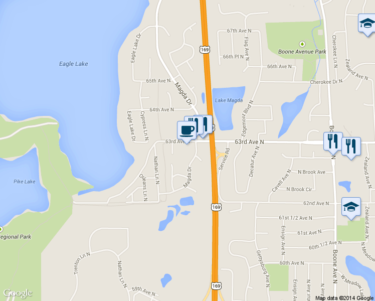 map of restaurants, bars, coffee shops, grocery stores, and more near 9651 63rd Avenue North in Maple Grove