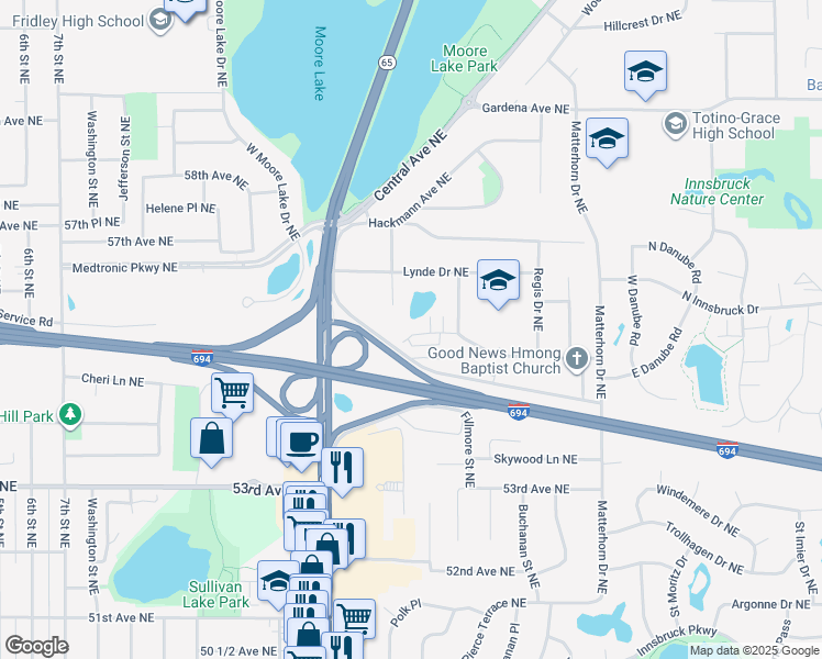 map of restaurants, bars, coffee shops, grocery stores, and more near 1039 East Fillmore Circle Northeast in Fridley
