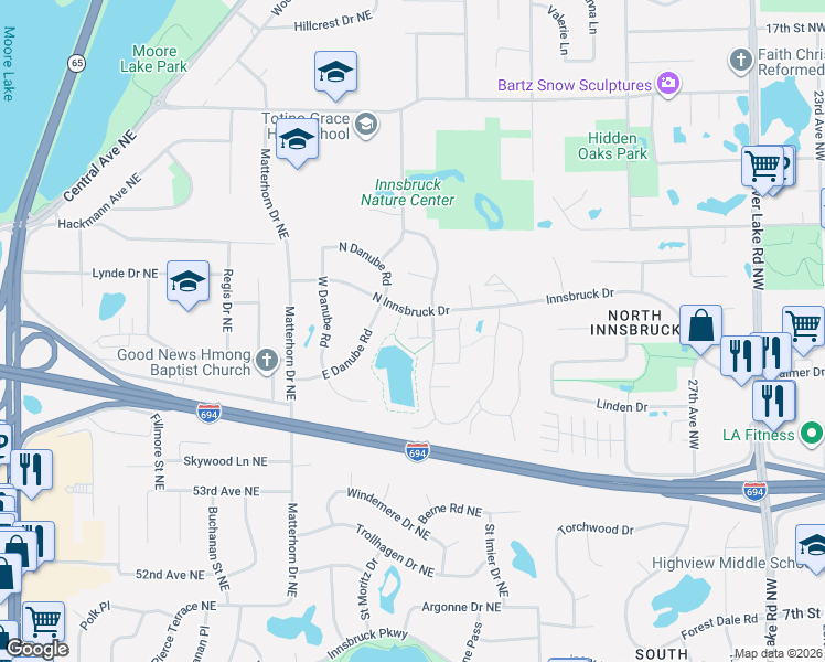 map of restaurants, bars, coffee shops, grocery stores, and more near 5566 Waldeck Crossing in Fridley