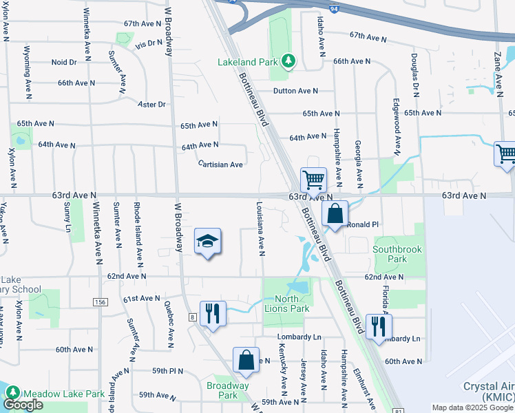 map of restaurants, bars, coffee shops, grocery stores, and more near 6288 Louisiana Avenue North in Brooklyn Park