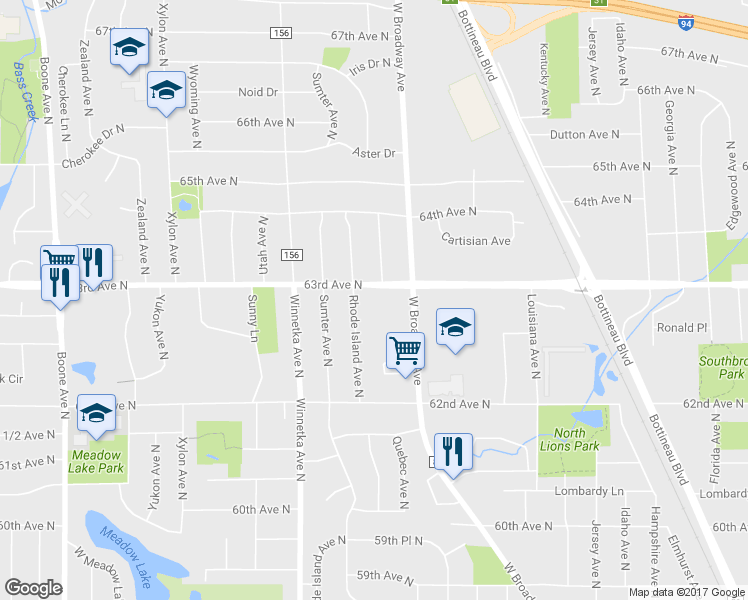 map of restaurants, bars, coffee shops, grocery stores, and more near 6288 Rhode Island Avenue North in Minneapolis