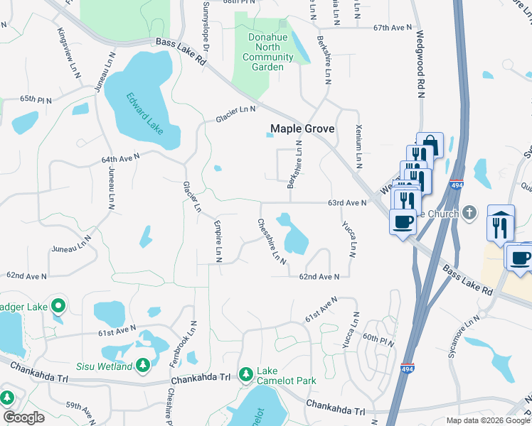 map of restaurants, bars, coffee shops, grocery stores, and more near 13980 63rd Avenue North in Osseo