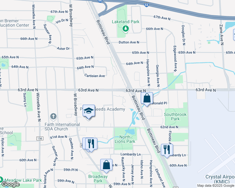 map of restaurants, bars, coffee shops, grocery stores, and more near 6292 Louisiana Avenue North in Brooklyn Park
