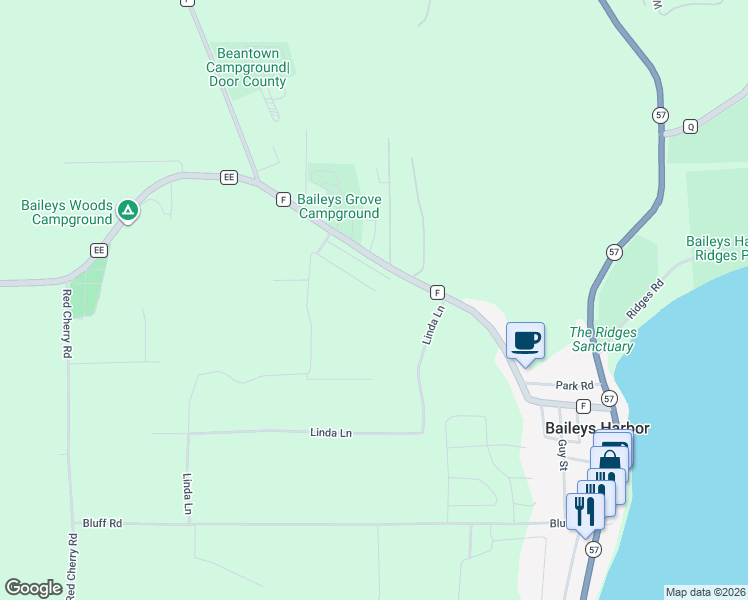 map of restaurants, bars, coffee shops, grocery stores, and more near 2507 Kwaterski Lane in Baileys Harbor