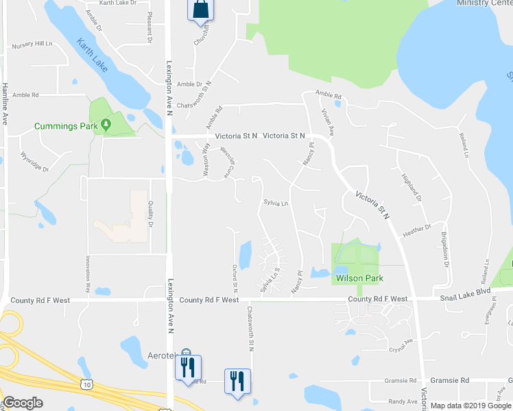 map of restaurants, bars, coffee shops, grocery stores, and more near 4219 Sylvia Lane South in Shoreview