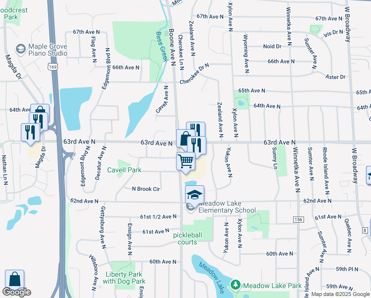 map of restaurants, bars, coffee shops, grocery stores, and more near 6270 Boone Avenue North in Brooklyn Park