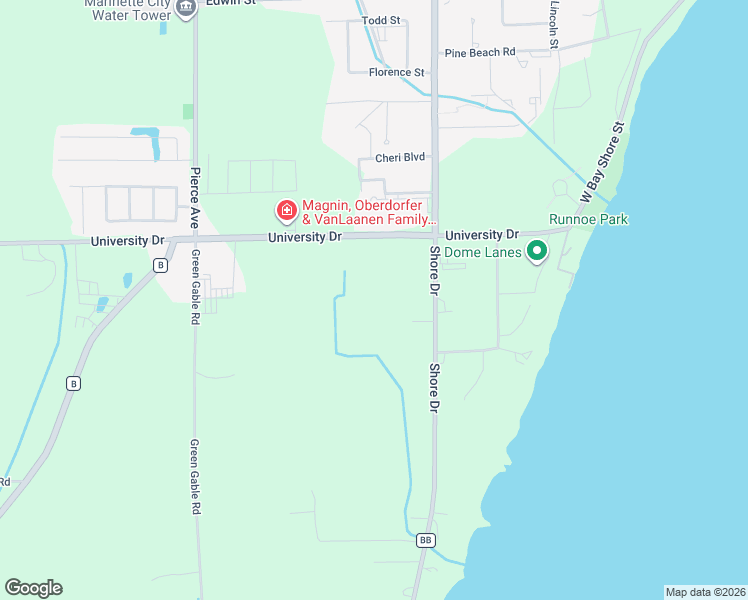 map of restaurants, bars, coffee shops, grocery stores, and more near 3045 Shore Drive in Marinette