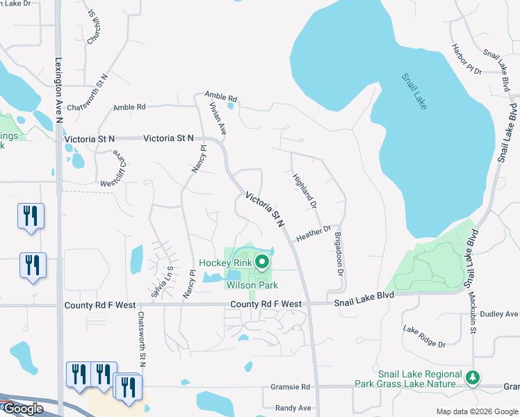 map of restaurants, bars, coffee shops, grocery stores, and more near 4221 Victoria Street North in Shoreview