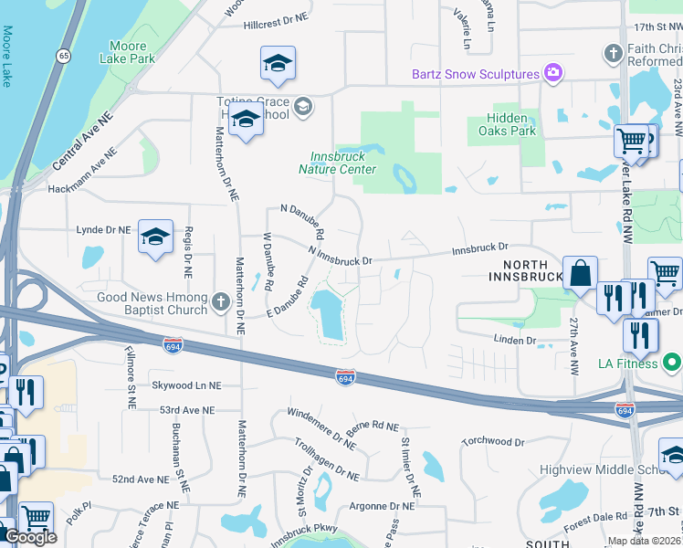 map of restaurants, bars, coffee shops, grocery stores, and more near 5566 Waldeck Crossing in Fridley