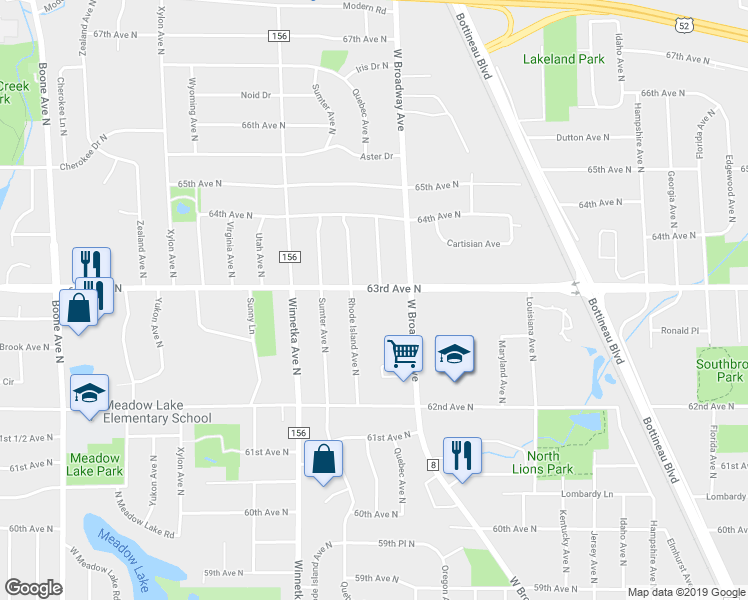map of restaurants, bars, coffee shops, grocery stores, and more near 7505 63rd Avenue North in Minneapolis