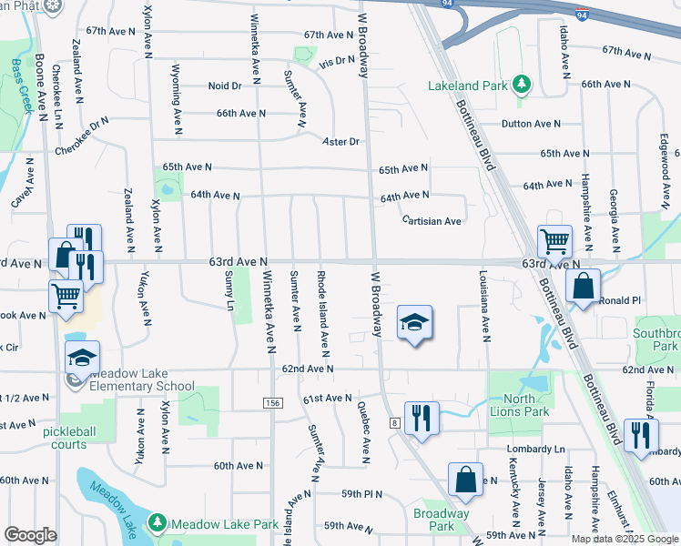 map of restaurants, bars, coffee shops, grocery stores, and more near 7609 63rd Avenue North in Minneapolis