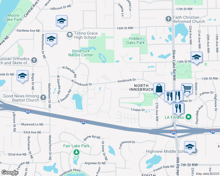 map of restaurants, bars, coffee shops, grocery stores, and more near 5567 East Bavarian Pass in Fridley