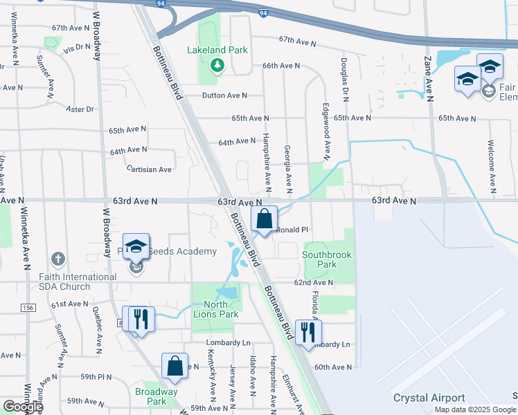 map of restaurants, bars, coffee shops, grocery stores, and more near 6705 63rd Avenue North in Minneapolis