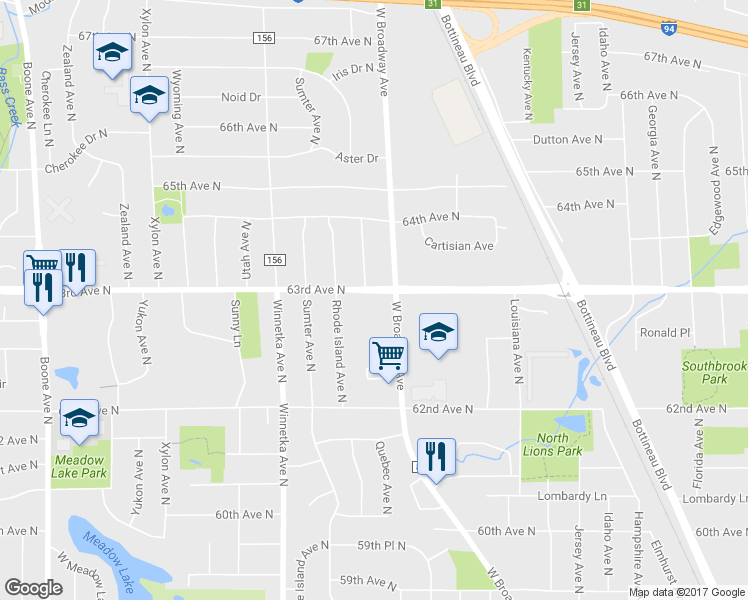 map of restaurants, bars, coffee shops, grocery stores, and more near 7505 63rd Avenue North in Minneapolis