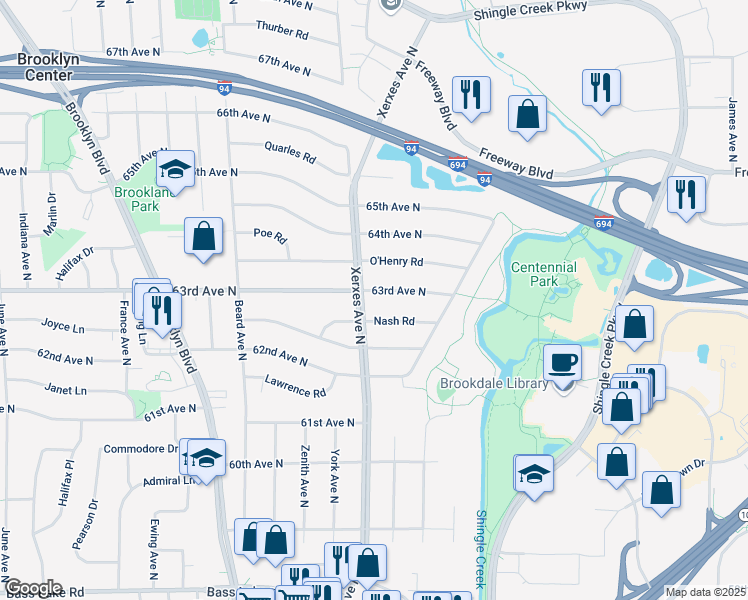 map of restaurants, bars, coffee shops, grocery stores, and more near 3001 63rd Avenue North in Minneapolis