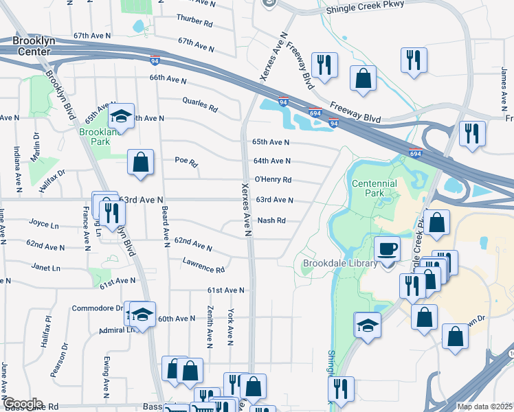 map of restaurants, bars, coffee shops, grocery stores, and more near 3001 63rd Avenue North in Minneapolis
