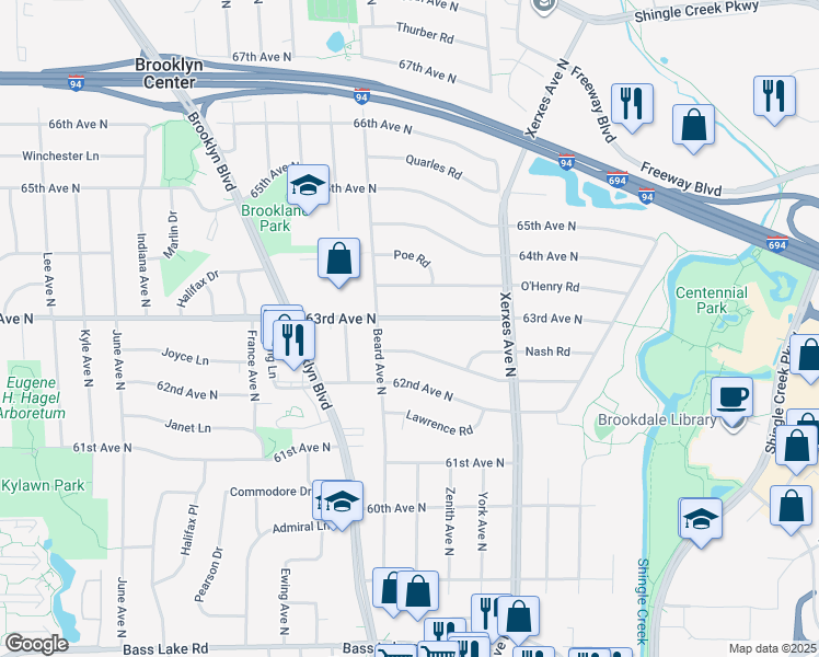 map of restaurants, bars, coffee shops, grocery stores, and more near 3313 63rd Avenue North in Minneapolis