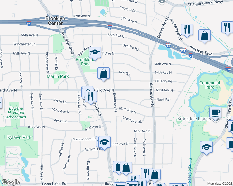 map of restaurants, bars, coffee shops, grocery stores, and more near 3313 63rd Avenue North in Minneapolis