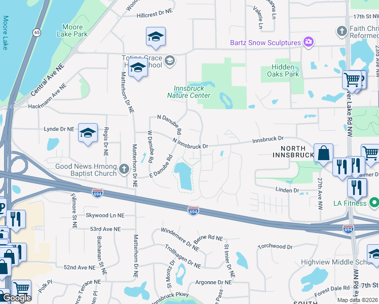 map of restaurants, bars, coffee shops, grocery stores, and more near 5566 Waldeck Crossing in Fridley